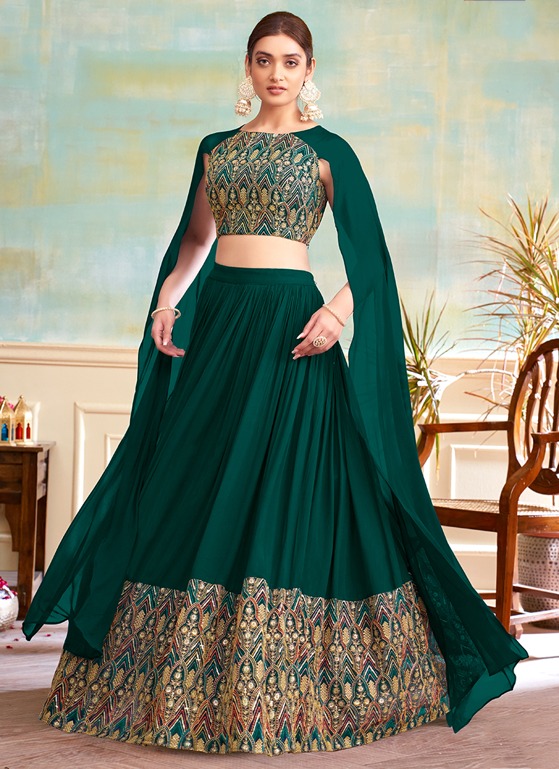 Buy Pure Georgette Green Wedding Wear Embroidery Work Lehenga Choli Online From Wholesale Salwar